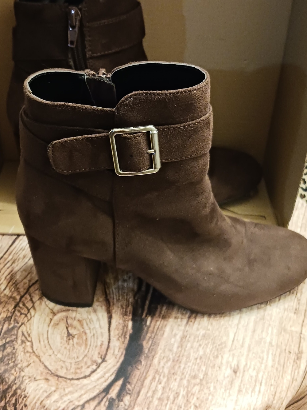 Chunky Heel Suede Ankle Booties with Buckle in Brown